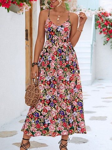 Woochic robe longue imprimé à fleurie strappy dos nu fendu le côté bohème de plage Noir S